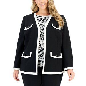 Kasper Plus Size 1X Tipped Collarless Open-Front Jacket Black $139